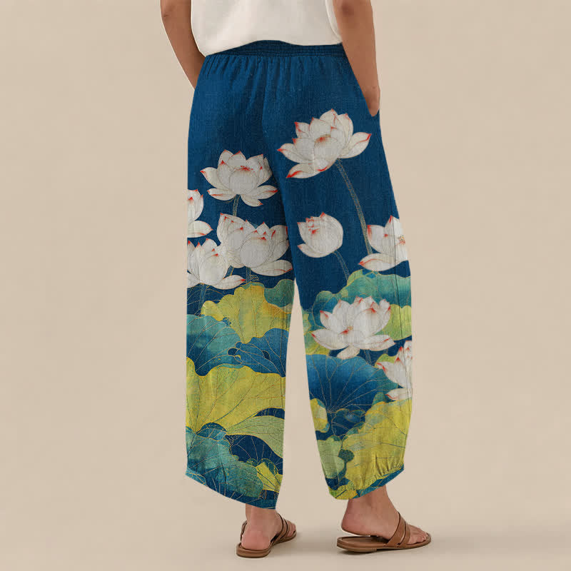 Buddha Stones Harembroek voor dames met katoenen lotusvijverpatroon, plooien, elastische Taille en Zakken. - image 2