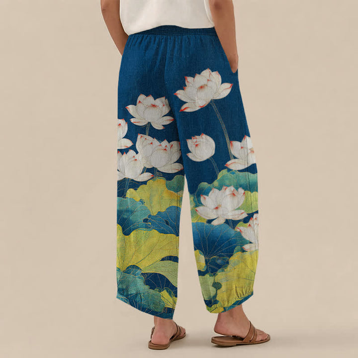 Buddha Stones Harembroek voor dames met katoenen lotusvijverpatroon, plooien, elastische Taille en Zakken. - image 2