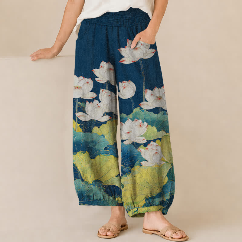Buddha Stones Harembroek voor dames met katoenen lotusvijverpatroon, plooien, elastische Taille en Zakken. - Marine - US16, UK/AU20, EU48 (3XL) - image 0