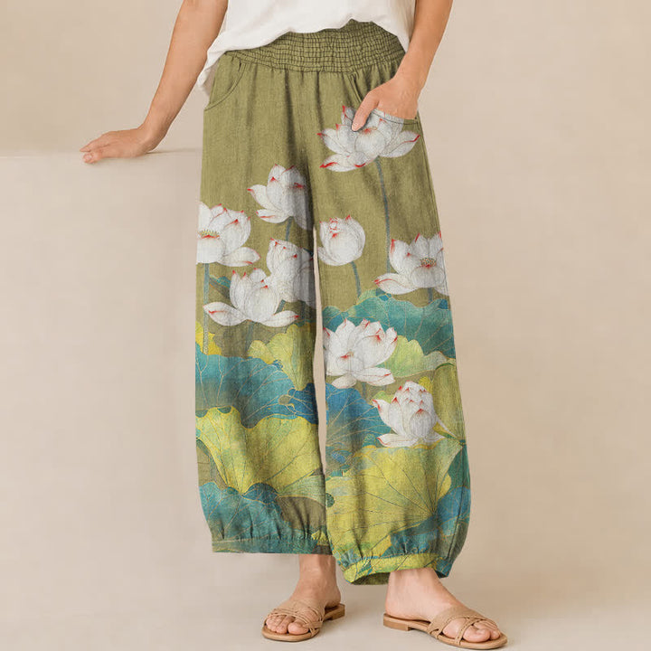 Buddha Stones Harembroek voor dames met katoenen lotusvijverpatroon, plooien, elastische Taille en Zakken. - Geelgroen - US16, UK/AU20, EU48 (3XL) - image 6