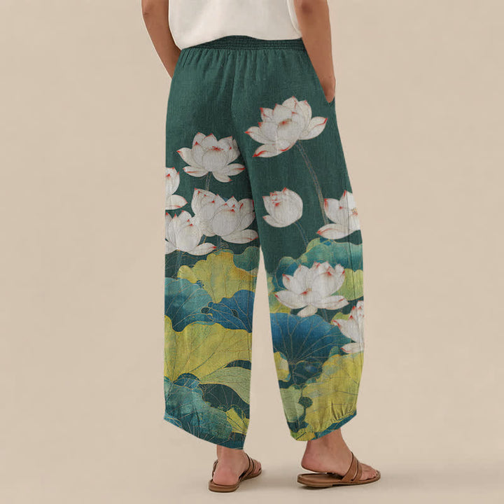 Buddha Stones Harembroek voor dames met katoenen lotusvijverpatroon, plooien, elastische Taille en Zakken. - image 12