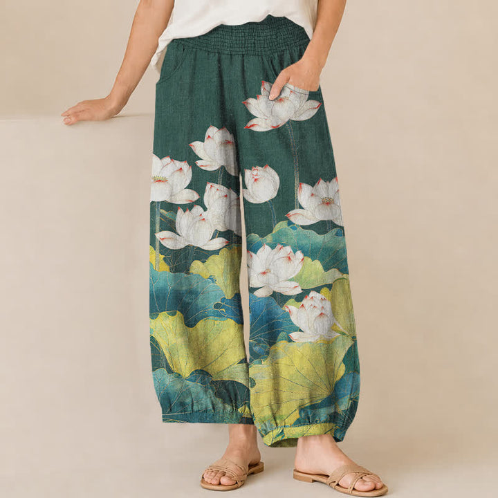 Buddha Stones Harembroek voor dames met katoenen lotusvijverpatroon, plooien, elastische Taille en Zakken. - Teal - US16, UK/AU20, EU48 (3XL) - image 10