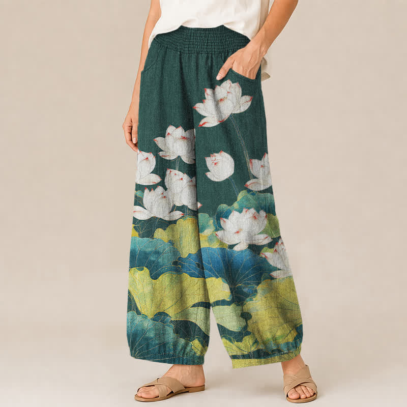 Buddha Stones Harembroek voor dames met katoenen lotusvijverpatroon, plooien, elastische Taille en Zakken. - image 11