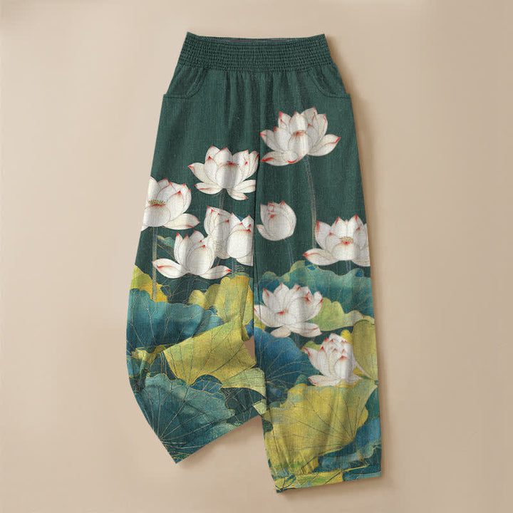 Buddha Stones Harembroek voor dames met katoenen lotusvijverpatroon, plooien, elastische Taille en Zakken. - image 13