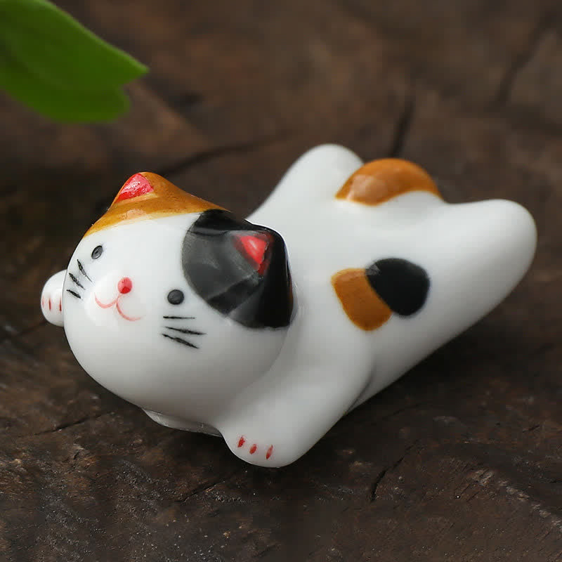Buddha Stones Handbeschilderde kleine schattige katten keramische eetstokjeshouder - Bruin Zwart Ca. 5,1 × 3,1 × 2,5 cm - image 1