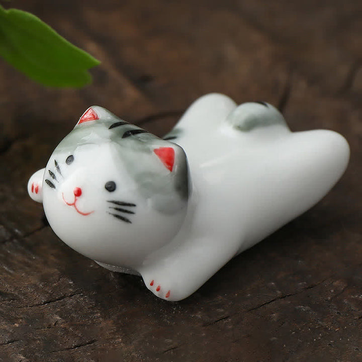 Buddha Stones Handbeschilderde kleine schattige katten keramische eetstokjeshouder - Grijs, ca. 5,1 × 3,1 × 2,5 cm - image 2