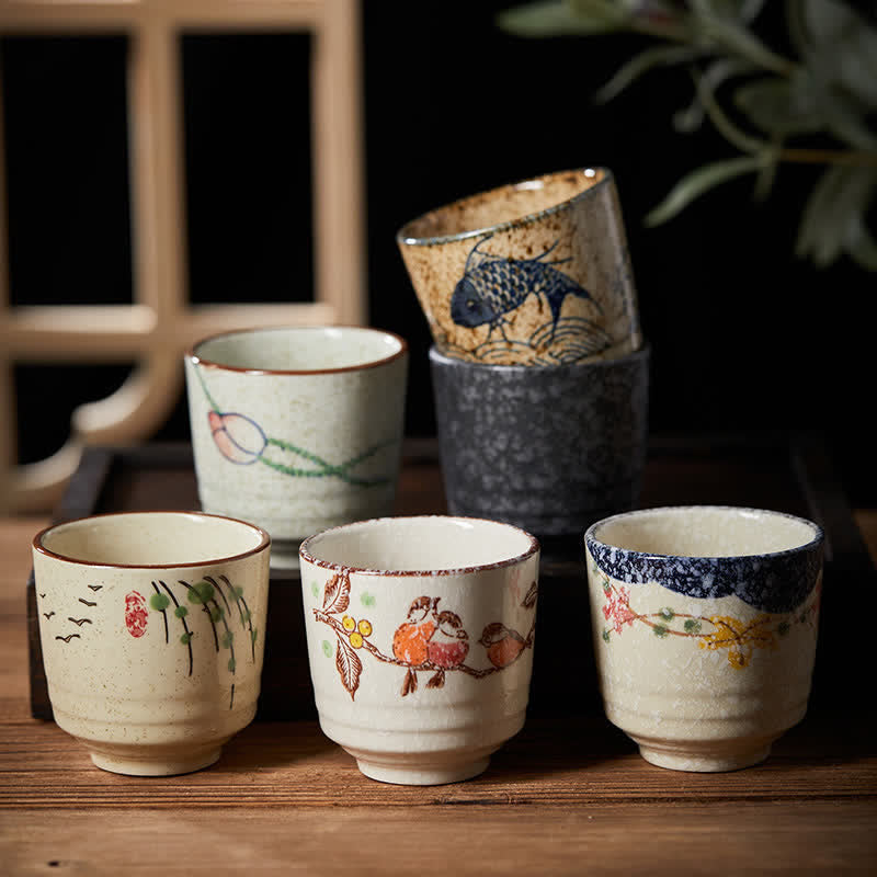 Buddha Stones Handbeschilderd Theekopje van puur keramiek met lotusbloem, vogel, koivis en wilgenmotief, 150 ml. - image 0