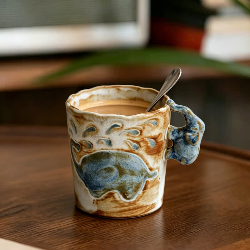 Buddha Stones Retro Elephant keramische koffiebeker van 250 ml - Blauwe Olifantenbeker - Keramiek - image 0