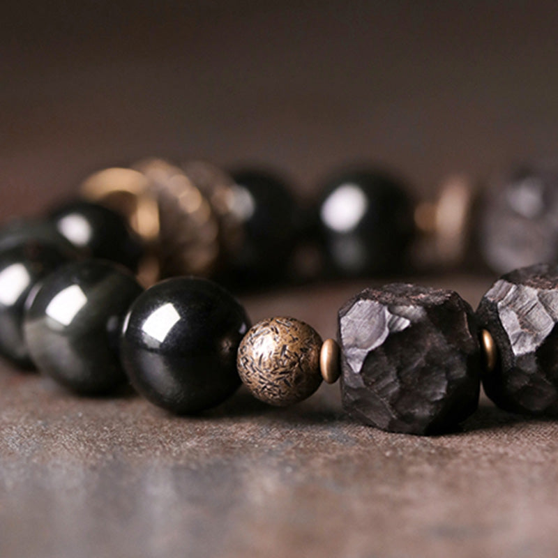 Buddha Stones Armband voor koppels, gemaakt van zwart obsidiaan, ebbenhout en koper. - image 8