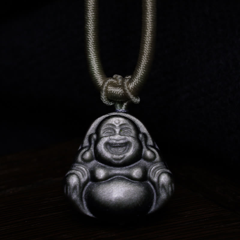 Buddha Stones Natuurlijke zilverkleurige obsidiaan lachende Boeddha Ketting - image 3
