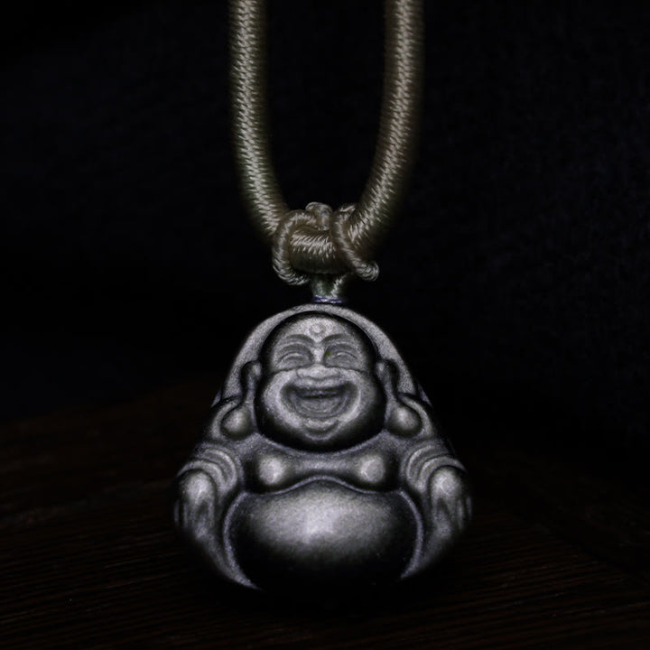 Buddha Stones Natuurlijke zilverkleurige obsidiaan lachende Boeddha Ketting - image 3