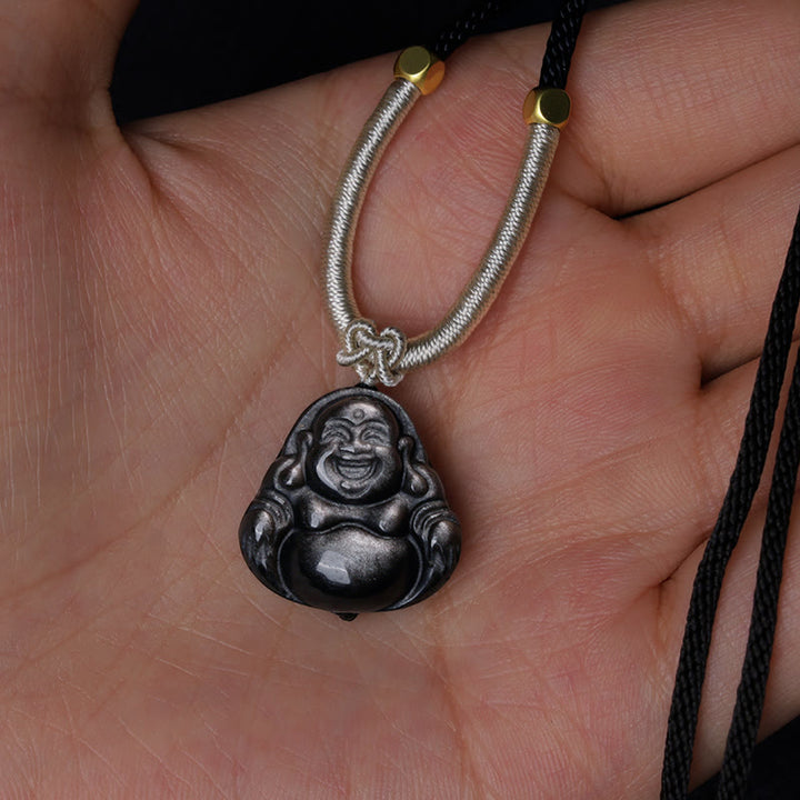 Buddha Stones Natuurlijke zilverkleurige obsidiaan lachende Boeddha Ketting - image 7