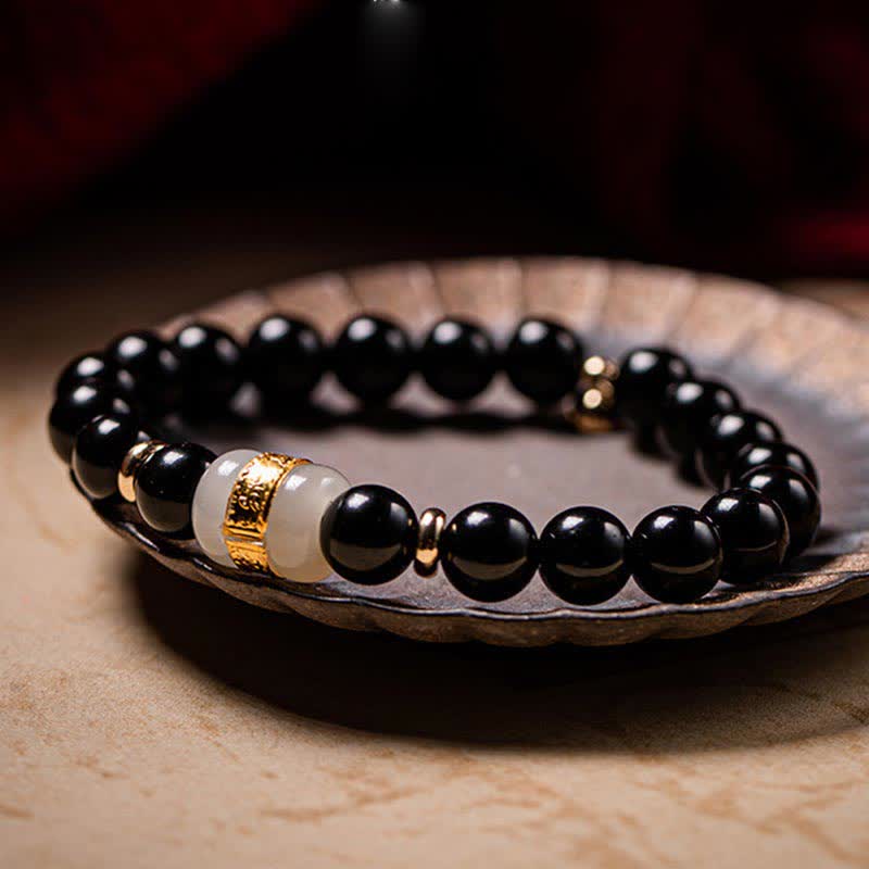 Buddha Stones Zwarte obsidiaan jade Om Mani Padme Hum Kracht magnetische Armband voor koppels - 10mm - image 0