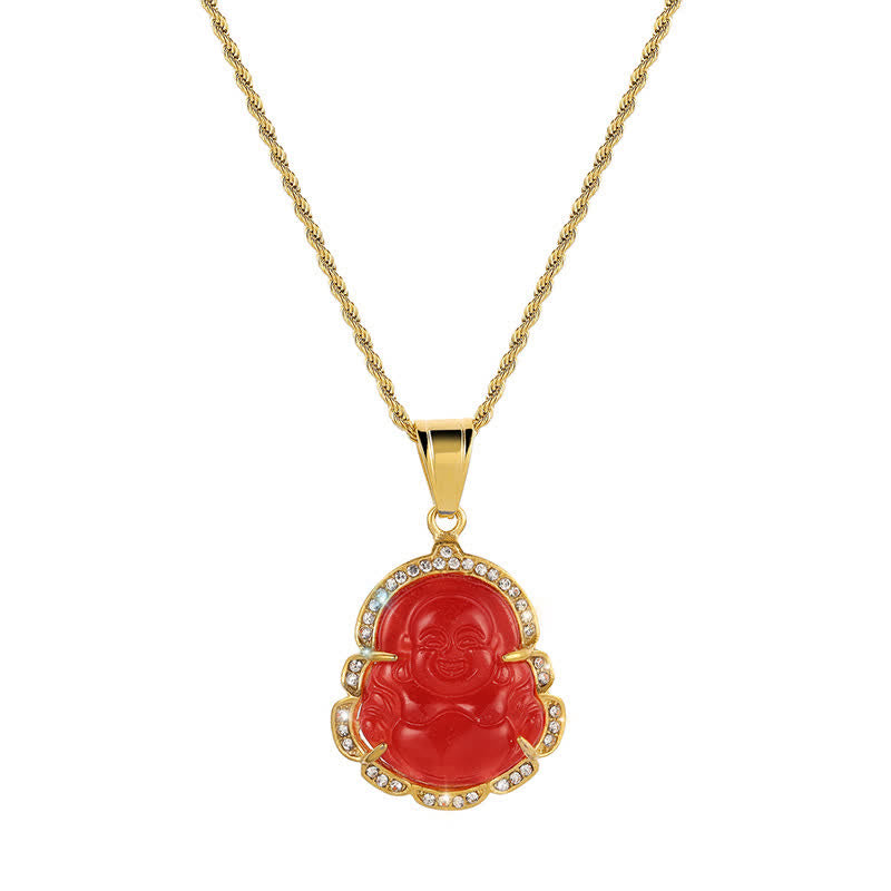 Buddha Stones Ketting met lachende Boeddha van jade, 18 karaats verguld - Rood - image 10
