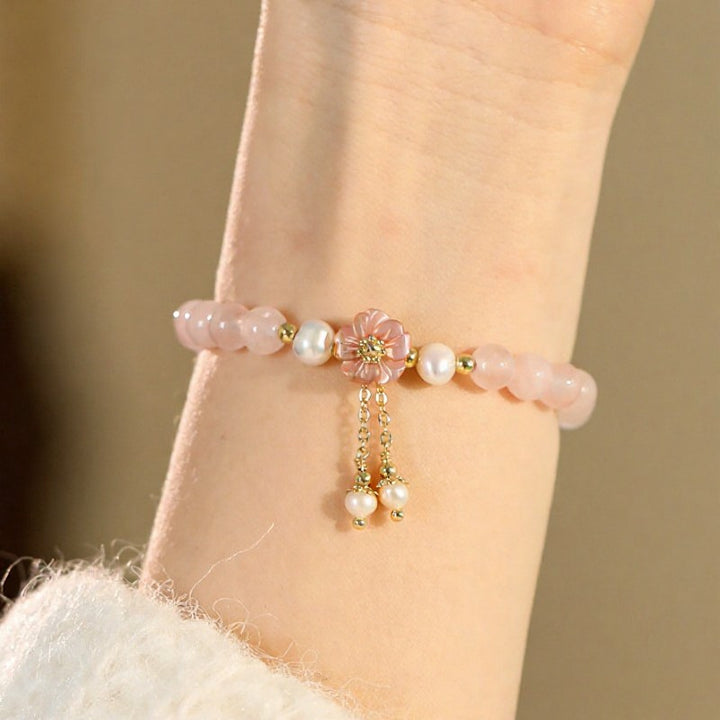 Buddha Stones Rozenkwarts parel bloem bedeltje Armband - Rozenkwartsbloem (Polsomtrek: 14-15 cm) - image 0