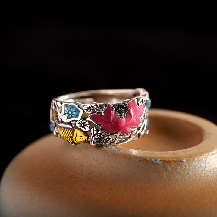 Buddha Stones 925 Sterling Zilveren Lotus Koi Vis Ring - image 1