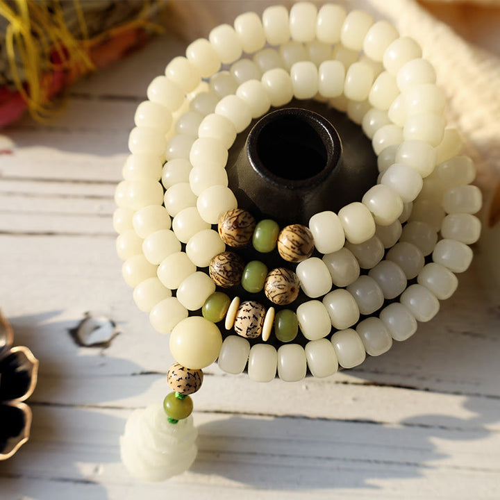 Buddha Stones Witte jade Bodhi Lotus Mala Harmonie Ketting en Armband - image 3