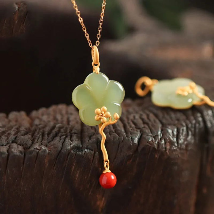 Vintage Ketting van pruimenbloesem, jade en rode agaat, symbool voor voorspoed. - Jade (Welvaart♥Overvloed) - image 0