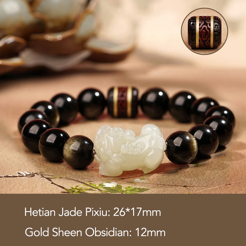 Buddha Stones Natuurlijke goudglans obsidiaan Hetian cyaan jade witte jade PiXiu rijkdom Armband - Goudkleurige Obsidiaan Witte Jade PiXiu 12mm(Heren) - image 7