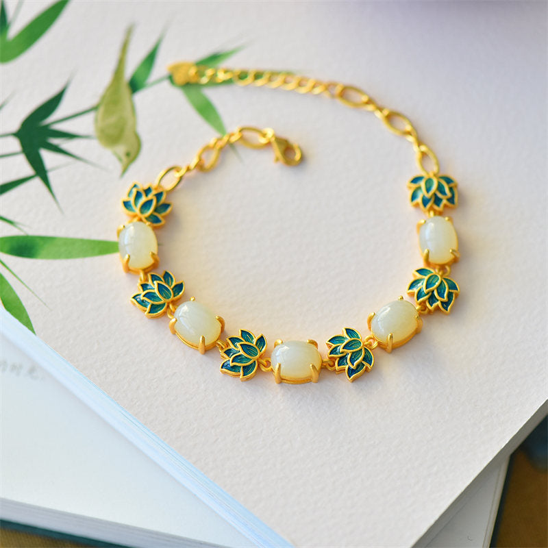 Buddha Stones Witte jade cyaan jade lotus Armband - Witte Jade - image 0