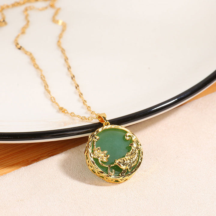 Buddha Stones Ketting met natuurlijke jade, koivis en lotusbloemmotief. - image 1