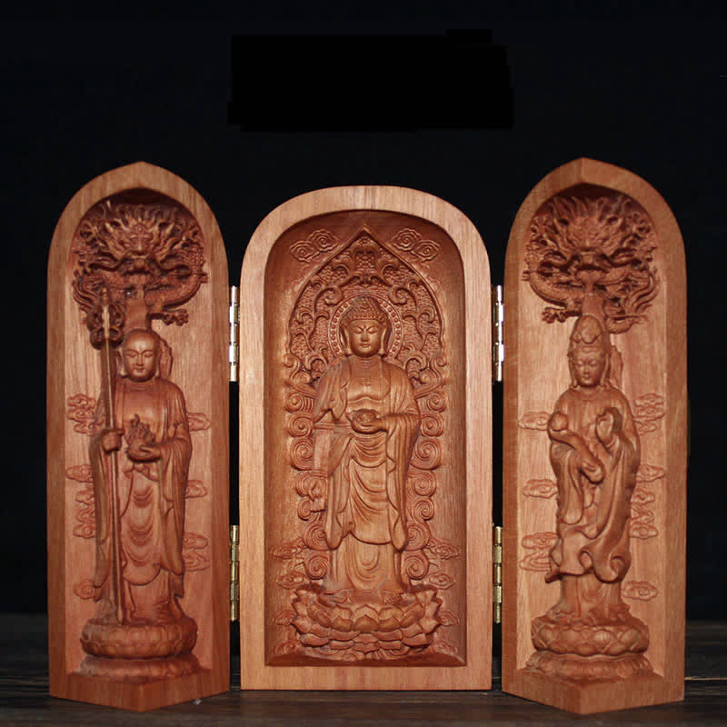 Avalokitesvara Kwan Yin Boeddha Kersenhout Compassie Woondecoratie Altaar - Sakyamuni Boeddha &amp; Avalokitesvara &amp; Ksitigarbha Bodhisattva - image 0