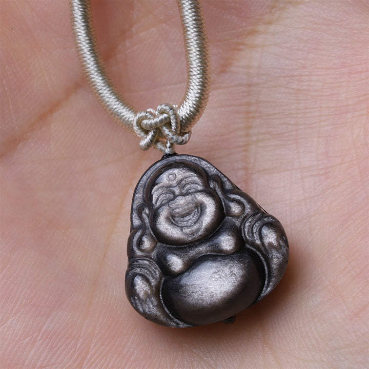 Buddha Stones Natuurlijke zilverkleurige obsidiaan lachende Boeddha Ketting - image 2