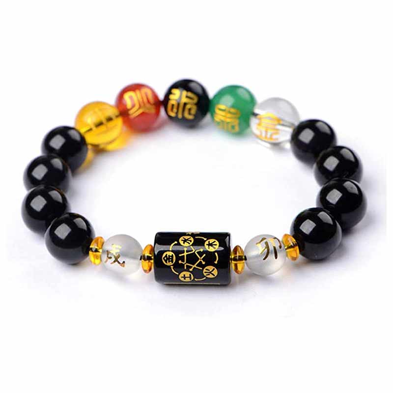 Buddha Stones Chinese dierenriem Feng Shui Obsidiaan Vijf Elementen Armband voor Welvaart en Voorspoed - Paard en geit - Obsidiaan - 0,55 inch (14 mm) - image 0