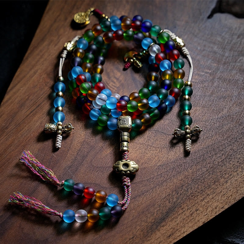 Buddha Stones Tibetaanse Mala met 108 veelkleurige Liuli glaskralen, Chinese dierenriem, negen paleizen, acht diagrammen, Armband - Liuli glaskraal - Niet-elastisch touw - image 0