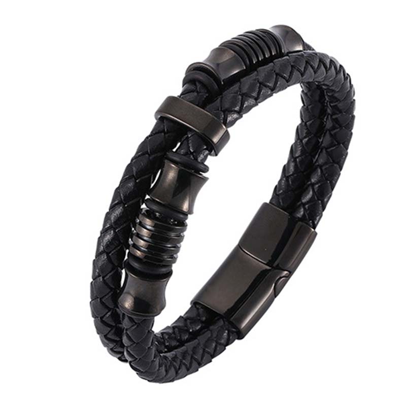 Buddha Stones Armband van gelaagd leer met weefpatroon - Zwart 20,5 cm - image 0