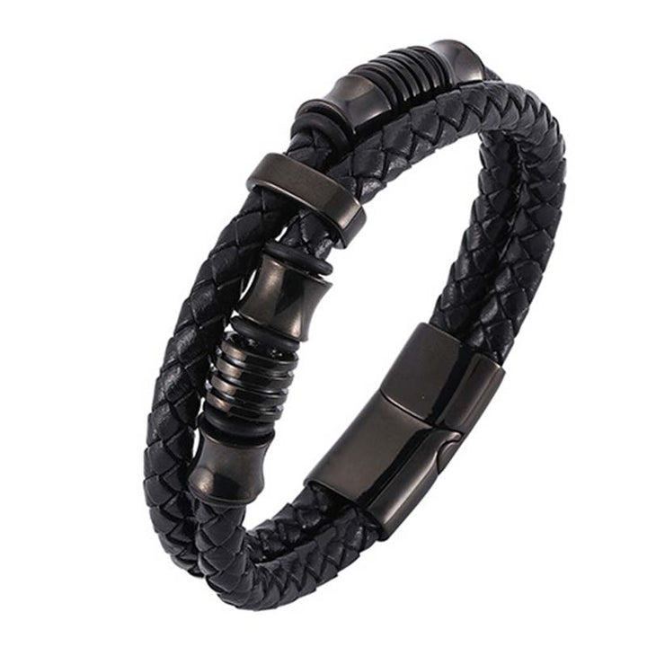 Buddha Stones Armband van gelaagd leer met weefpatroon - Zwart 20,5 cm - image 0