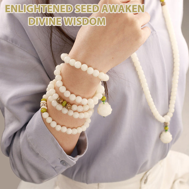 Buddha Stones Witte jade Bodhi Lotus Mala Harmonie Ketting en Armband - image 15