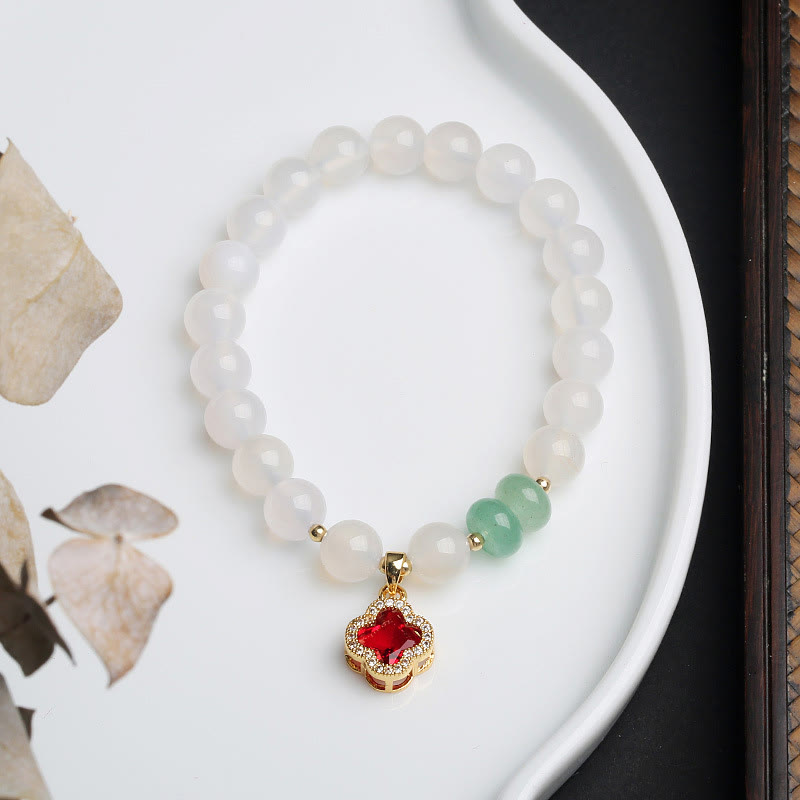 Buddha Stones Natuurlijke witte agaat, rode agaat, geldzak, Fu-teken, klavertje vier, Armband - Witte agaat klavertje vier - image 8