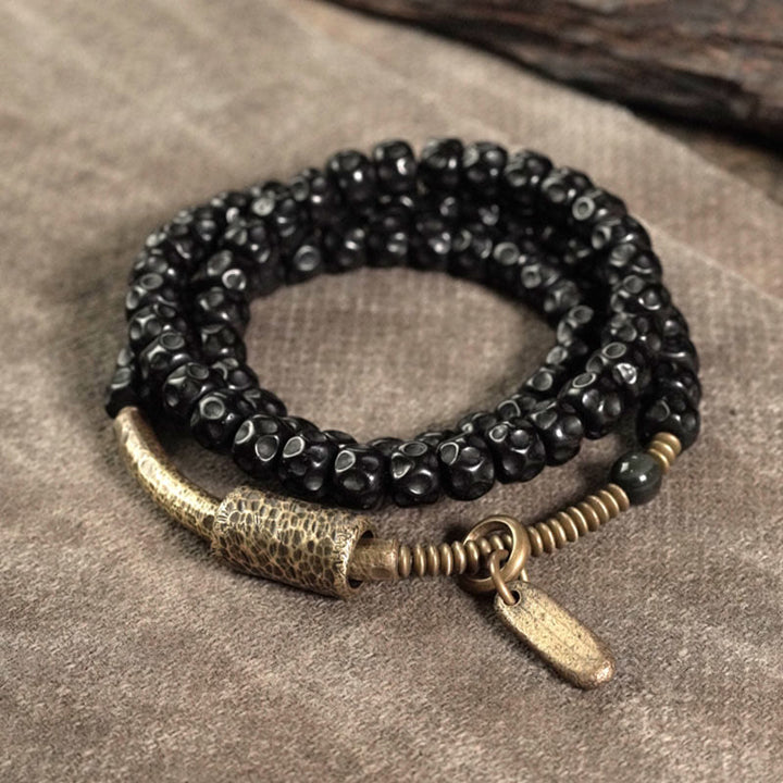 Buddha Stones Retro armband van kokosnootschaal, messing en koper met drievoudige wikkeling . - 17-17,5 cm - image 0