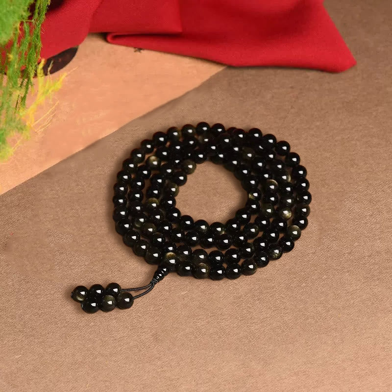 Buddha Stones 108 Mala kralen, natuurlijke goudglans obsidiaan, rijkdom Armband - image 9