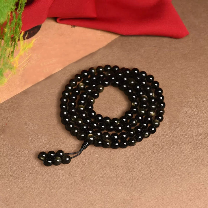 Buddha Stones 108 Mala kralen, natuurlijke goudglans obsidiaan, rijkdom Armband - image 9