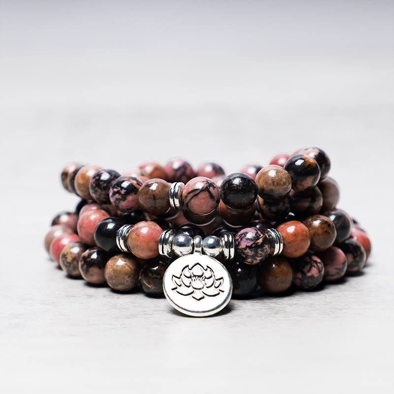Buddha Stones 108 Mala kralen, rhodoniet, lotus, compassie- Armband - image 1