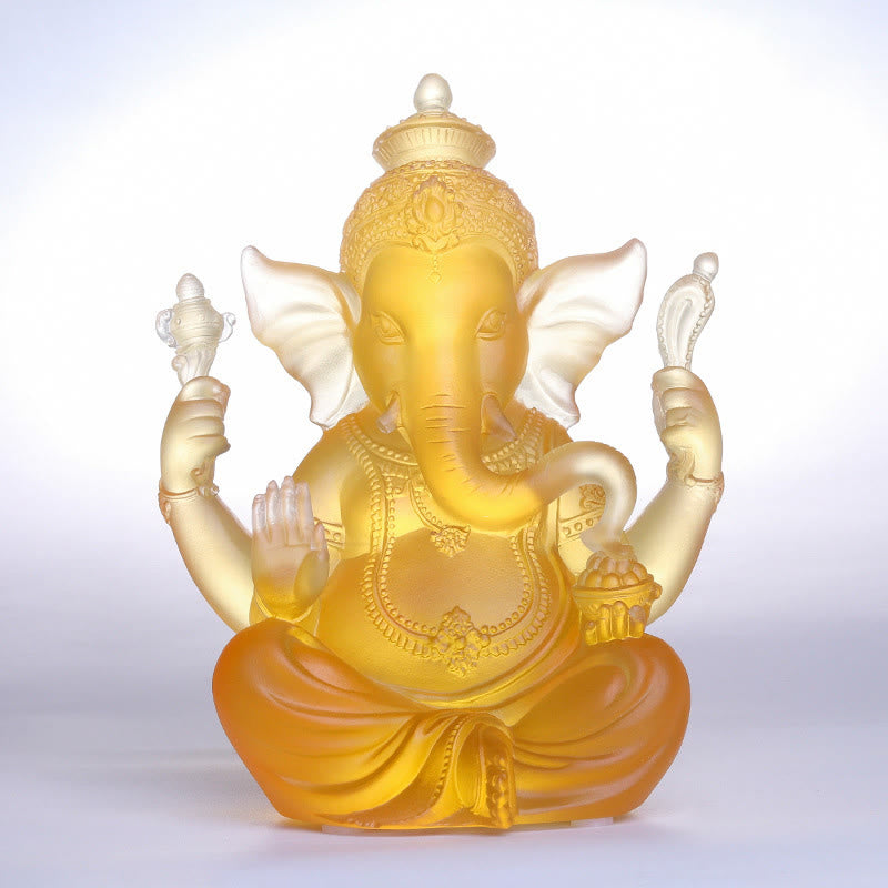 Buddha Stones Handgemaakte Ganesh Ganpati olifantenfiguur van Liuli-kristal, een kunstwerk ter bescherming van het lichaam en als decoratie voor thuis. - Ganesh beeldje in amberkleur, 11,5*9*14,5 cm - image 0