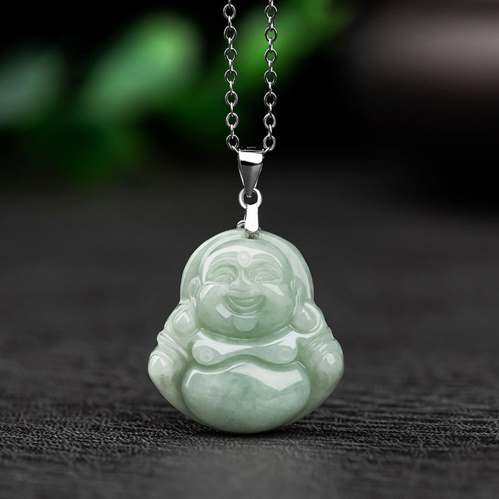 Buddha Stones Laughing Buddha Jade Blessing Titanium Steel Chain Ketting Pendant - Natuurlijke jade (kleur kan variëren) - image 0