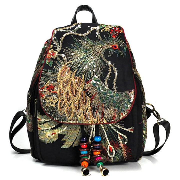 Buddha Stones Rugzak van canvas met pauwenborduurwerk en kwastjes - Zwarte pauw - image 0