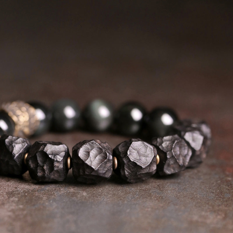 Buddha Stones Armband voor koppels, gemaakt van zwart obsidiaan, ebbenhout en koper. - image 9