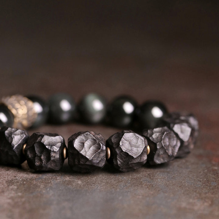 Buddha Stones Armband voor koppels, gemaakt van zwart obsidiaan, ebbenhout en koper. - image 9