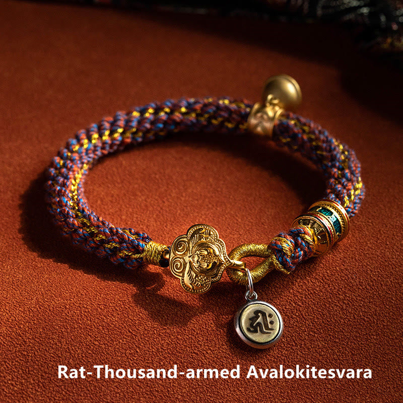 Buddha Stones Armband van 925 sterling zilver met Chinese dierenriem, geboorteboeddha Om Mani Padme Hum en geluksbel, gevlochten koord. - Rat-Duizendarmige Avalokitesvara - 17-19 cm - image 1