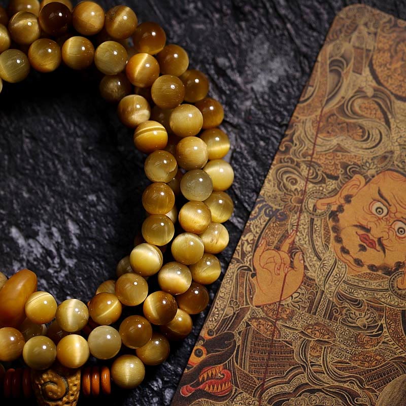 Buddha Stones 108 Mala kralen, natuurlijke tijgeroog, koperen Dorje beschermingsarmband met Armband - image 1
