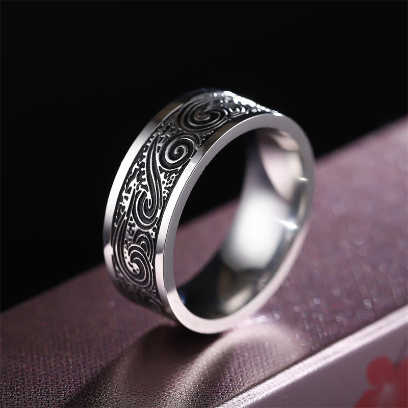 Buddha Stones Vintage Wave Gelukbrengende Wolken Gegraveerd Patroon Titanium Stalen Ring - image 2