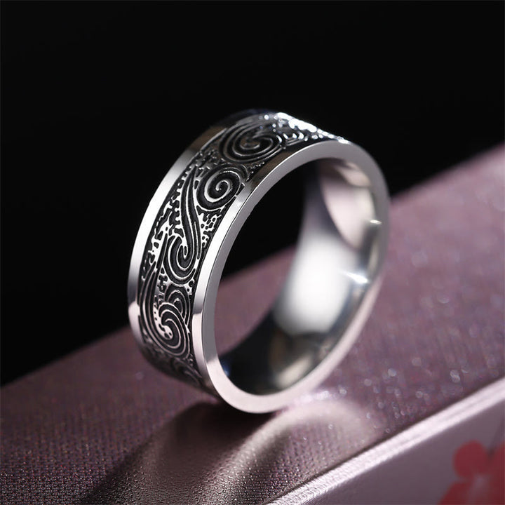 Buddha Stones Vintage Wave Gelukbrengende Wolken Gegraveerd Patroon Titanium Stalen Ring - image 2