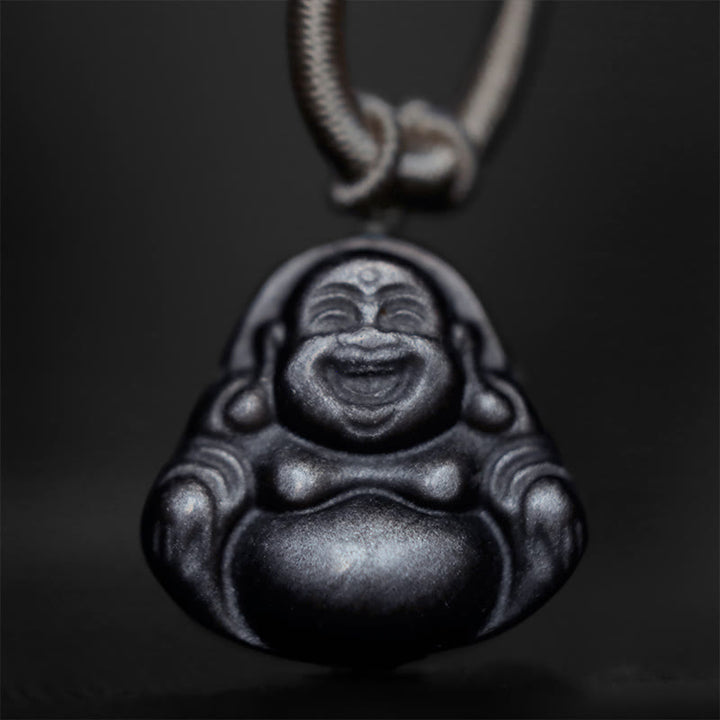 Buddha Stones Natuurlijke zilverkleurige obsidiaan lachende Boeddha Ketting - image 4