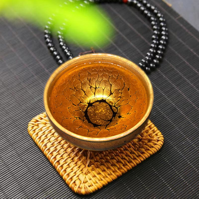 Buddha Stones Chinese Jianzhan keramische theekop met gouden stippenpatroon, Kung Fu Theekopje en theekom met geschenkdoos. - Beker 9,2 cm * 5,8 cm - image 0