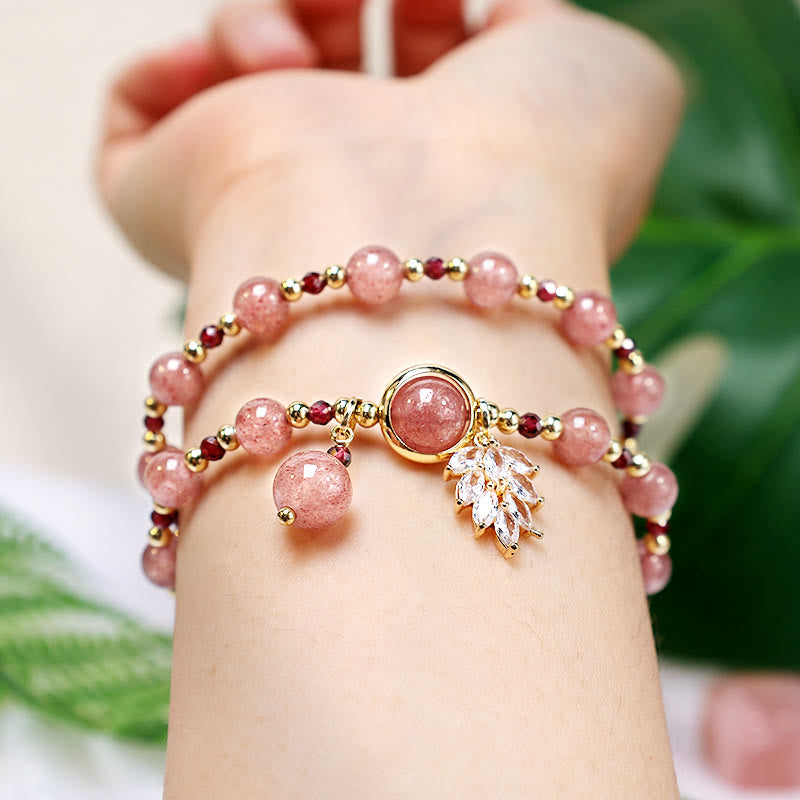 Buddha Stones Armband met dubbele wikkeling, bedeltje van natuurlijk aardbeikwarts, liefdesgenezing en esdoornblad. - image 5