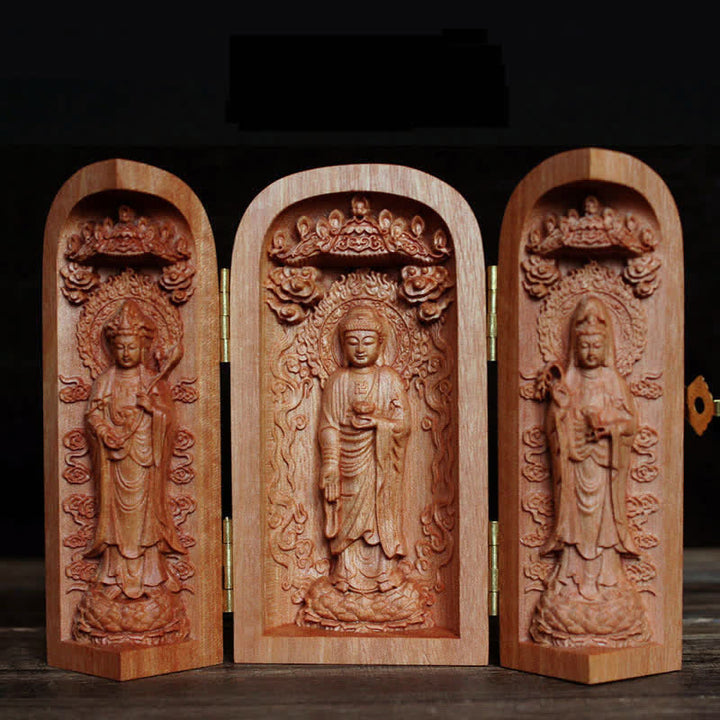 Avalokitesvara Kwan Yin Boeddha Kersenhout Compassie Woondecoratie Altaar - Drie Westerse Heiligen &amp; Lotus - image 3